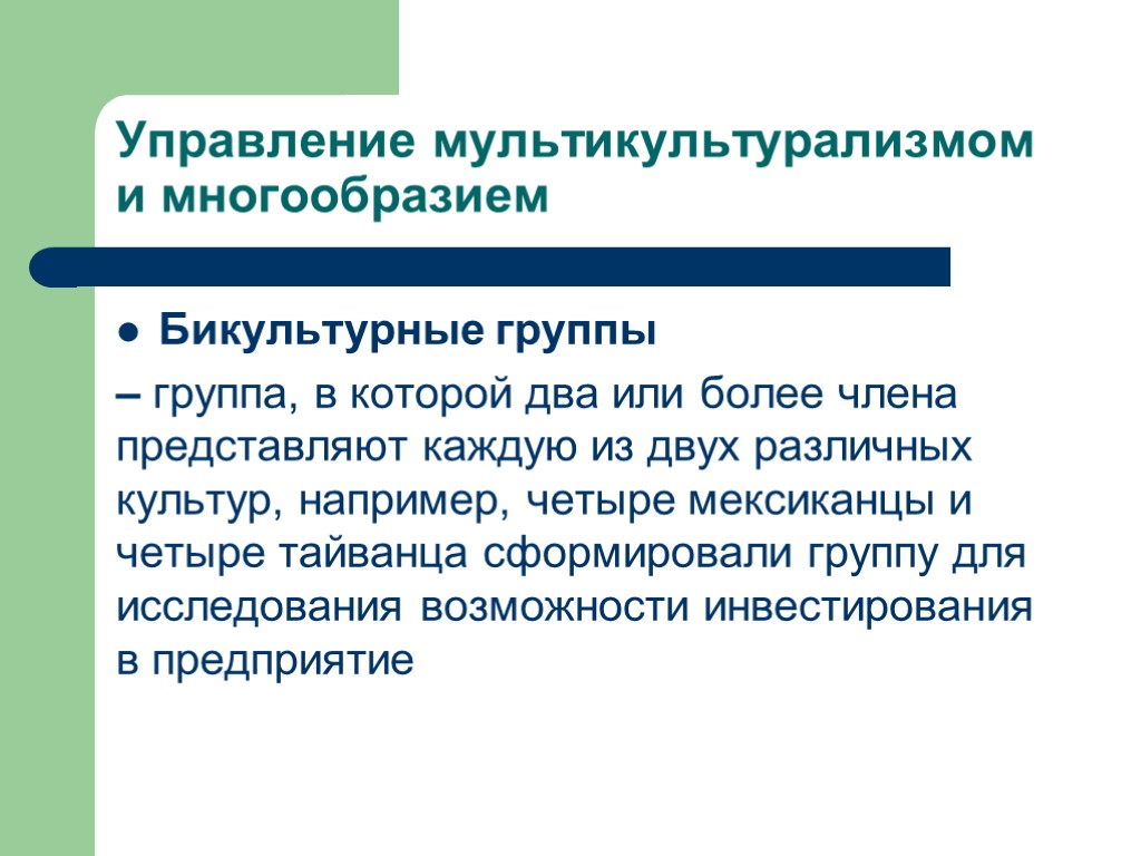 Управление мультикультурализмом и многообразием Бикультурные группы – группа, в которой два или более члена